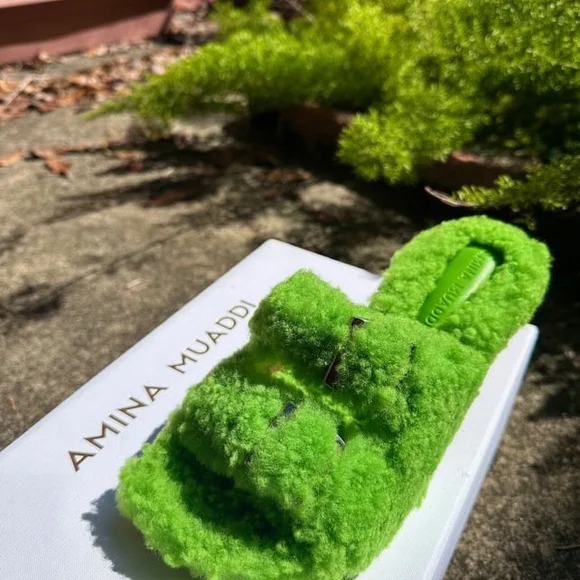 Amina Muaddi Millie Vibrant Green Shearling Heels